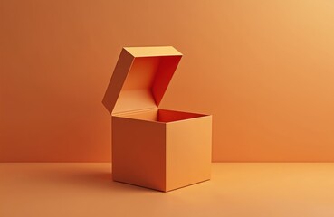Open orange square box on orange background. Empty carton container sits on surface, ready for product placement or display. Minimalist composition offers ample copy space for ads.