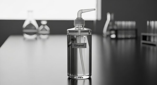 Clear ethanol bottle with pump dispenser in lab