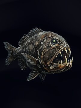 Fangtooth Fish Anoplogaster Cornuta Deep Sea Predator Enormous Fangs Abyssal Ocean Impasto Oil Painting Style Dark Background Fine Art Scientific Illustration