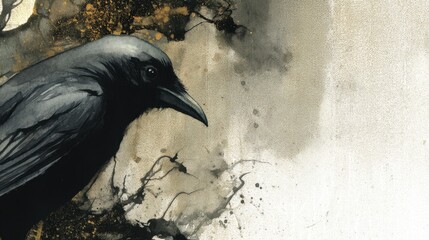 Fototapeta premium Black bird with expressive feathers perched against a textured abstract background of muted tones and splashes of color