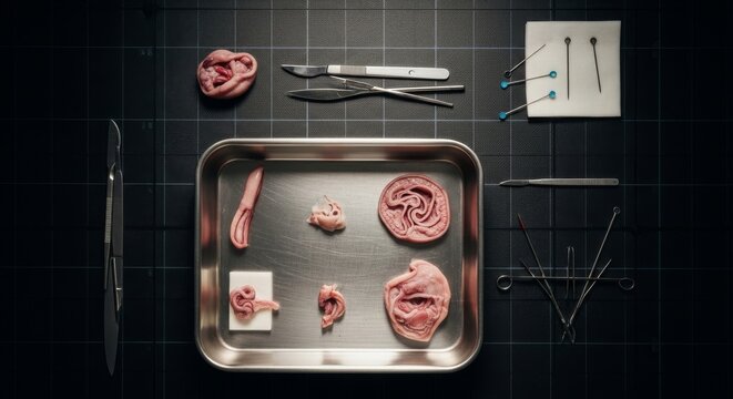 Biological dissection tray with anatomical specimens and tools