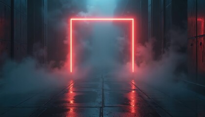 Fototapeta premium Red neon square glows in dark foggy corridor. Futuristic geometric architecture with wet floor reflects red and blue light. Modern cyberspace background design.