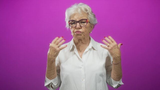 Older woman raises hands palms out showing painted fingernails in a studio portrait; exasperation wit.