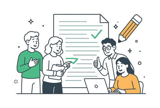 Document review editing scenario showing colleagues revising and improving written content collaboratively before finalization, with a draft page and a single pencil icon