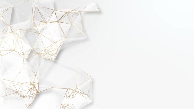 Luxury abstract background white gold low-poly geometric shapes, golden wireframe lines sparkling light particles clean white space. high nd branding, technology, fashion a d elegant corporate designs