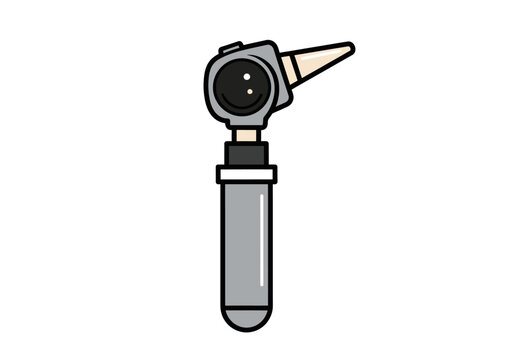 Stylized illustration of an otoscope with a gray handle and ear speculum