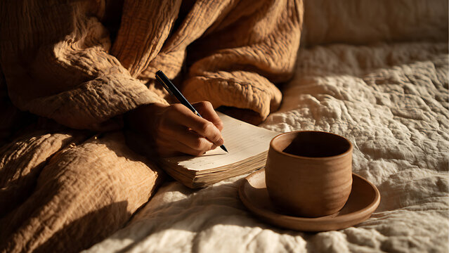 Close-up of a person's hand writing in a lined notebook with a black pen on a quilted bed, perfect for lifestyle blogs, journaling apps and mental wellness content