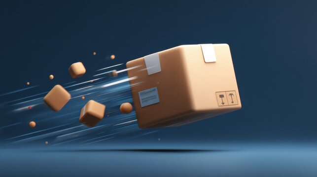 Brown cardboard box in motion, representing fast delivery and shipping service with dynamic elements