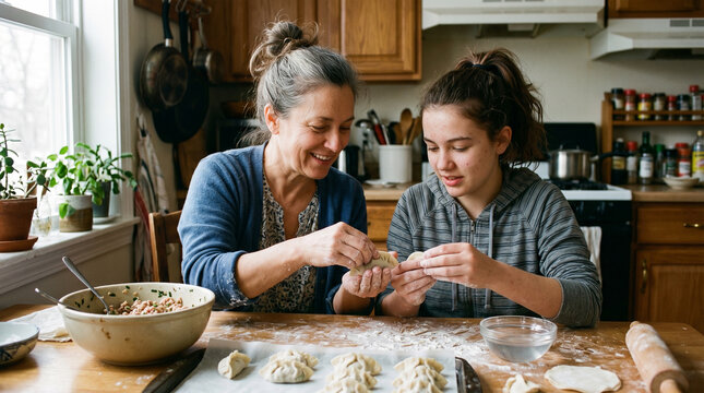 A smiling mother teaching her teenage daughter how to make dumplings in a home kitchen for concepts of family bonding, lifestyle, and passing on traditions.
