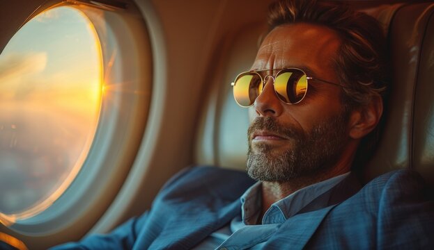 Sophisticated man in sunglasses relaxing by window on private plane during sunset flight
