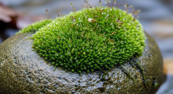 Green moss growing on a wet rock.
