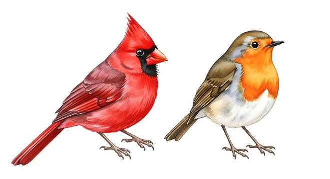 Watercolor Painting of a Red Cardinal and a European Robin.