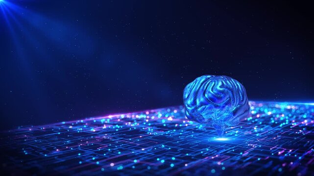 Brain Sparkling Data Connections digital brain emitting light data grid. deep blue neurology presentations, smart technology, big data analytics. medical technology, artificial intelligence research