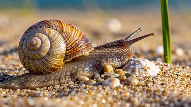 Close up of a snail crawling on sand with a shell in sunlight