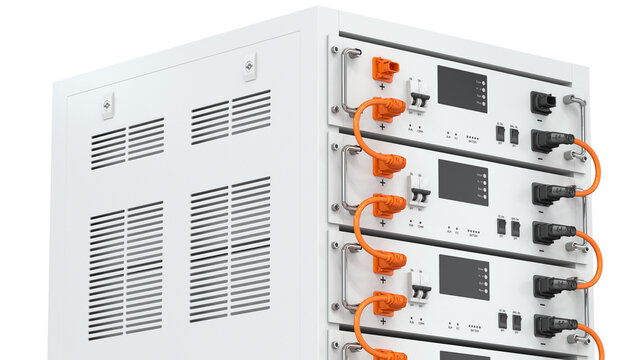 3D render of a lithium battery energy storage system (BESS) in a rack. Industrial unit for renewable energy, smart grids, and backup power isolated on a white background