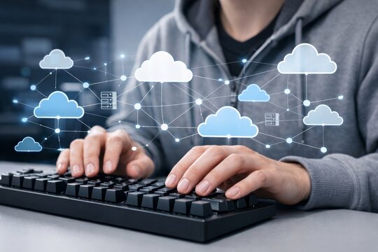 Cloud computing data concept with user typing on keyboard interface. Ai generative