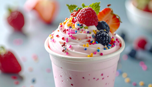 Creamy frozen yogurt in cup topped with fresh fruit and colorful sprinkles, sweet dessert, appetizing food. Delicious treat.