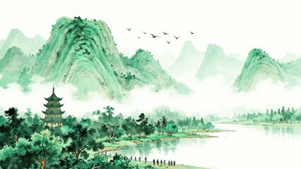 Fototapeta premium Traditional Pagoda Nestled among Misty Green Mountains and River