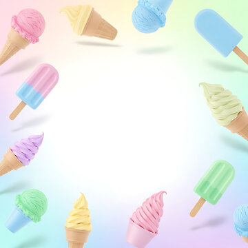 A vibrant collection of pastel-colored ice cream cones, scoops, and popsicles forms an inviting border around a bright white central space on a soft gradient background.