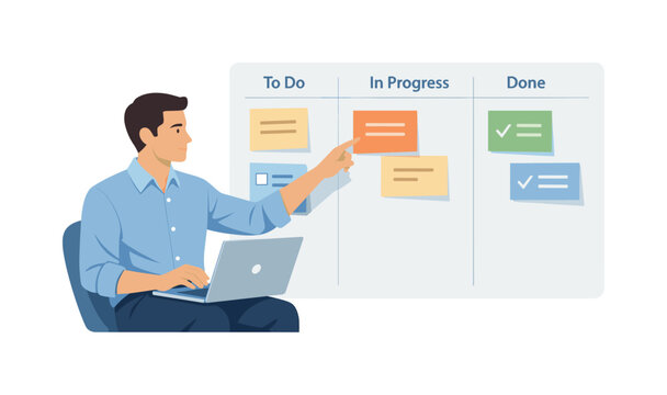 A professional maintaining organized task tracking in a digital workspace, seated with a laptop while interacting with a simple kanban-style board panel beside it,