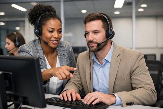 Team collaboration in customer support office environment concept.. Ai generative