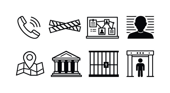 Police operations: emergency call phone, crime scene tape, investigation board, suspect profile, map location pin, courthouse building, jail bars, security checkpoint.