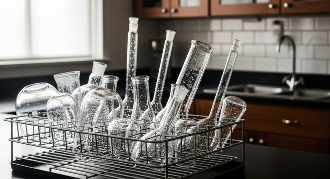 Laboratory Glassware Drying on a Rack