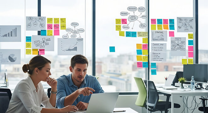 Team Brainstorming Strategy Meeting in Modern Office with Sticky Notes.