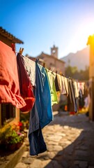 Obraz premium Colorful Laundry Hanging On Clothesline In Sunny Mediterranean Village Narrow Cobblestone Street With Golden Hour Sunlight