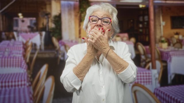 Elderly woman covers mouth with hands in a restaurant building with checkered tablecloths and chairs; surprise memory.
