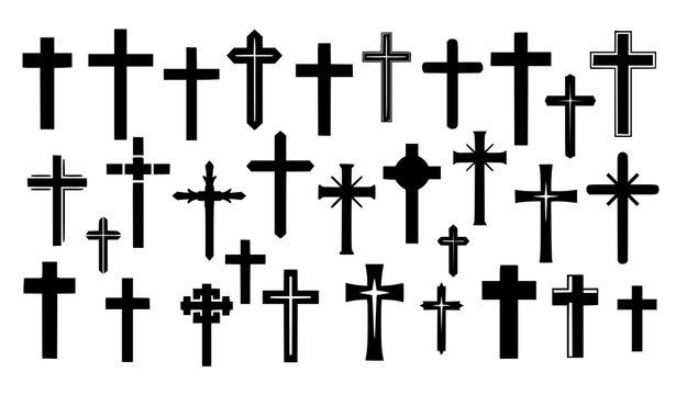 Christian cross silhouette icon set with modern and vintage religious symbols in bold vector style