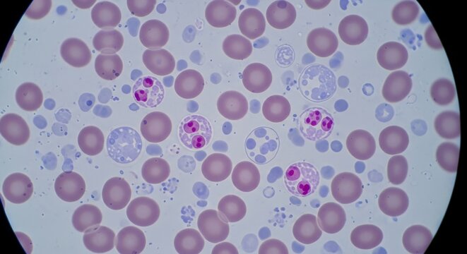 Microscopic Blood Smear with Red and White Blood Cells