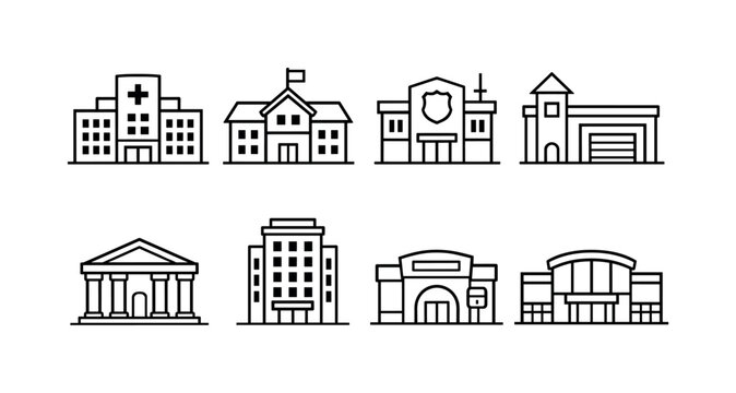 Service facilities: hospital building, school building, police station, fire station, bank building, hotel building, post office, shopping mall.