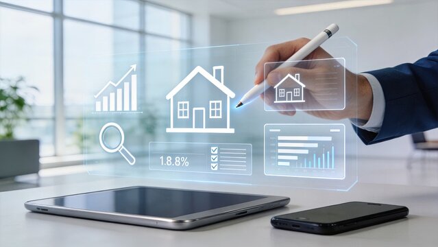 Businessman interacting with holographic interface displaying real estate charts and growth analytics futuristic technology concept for smart home investment