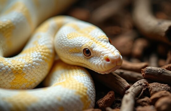 Albino tiger python coiled on ground. Close up reptile head with yellow patterns on white scales. Dangerous snake shows its body. Nature wild animal.