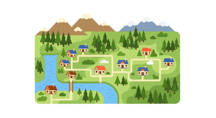 Naklejka premium A colorful illustrated landscape featuring houses trees and a winding river