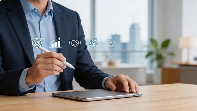 Businessman using digital tablet and drawing pen working in modern office with city skyline background innovative process flow holographic icons representing target strategy