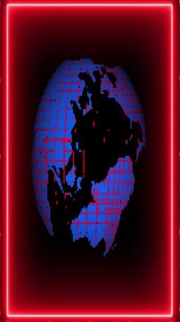 Pix elated globe with red grid overlay within neon frame. Pix elated globe with red and blue glowing digital grid. Image photo pix elated globe with red grid overlay within neon red blue.