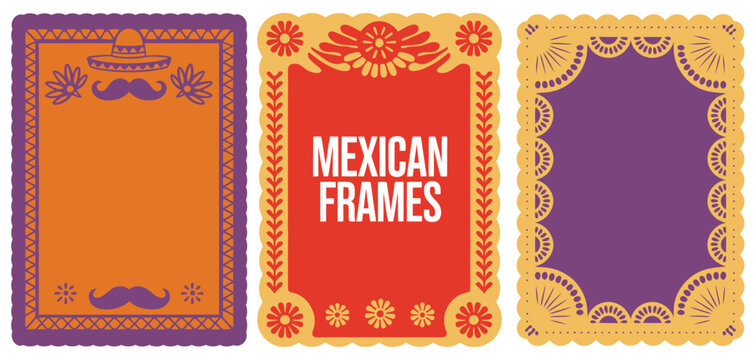 Papel Picado Mexican Fiesta Frames &ndash; Decorative Floral Holiday Borders Vector