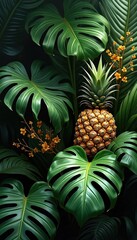 Fototapeta premium Vibrant jungle scene features ripe pineapple in rich green monstera leaves. Small orange flowers add contrast to this exotic tropical foliage background, perfect for nature themes.