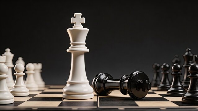 Business chess game strategy concept victory of king over enemy black pieces defeated white piece standing tall dark background checkered board management competition corporate