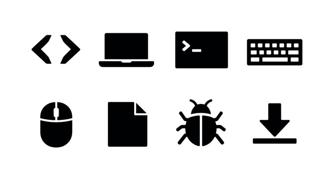 Programming basics: code brackets, laptop, terminal window, keyboard, mouse, file document, bug icon, download arrow.
