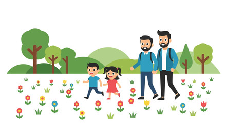 Fototapeta premium A happy family walks together through a colorful park landscape