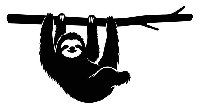 A black and white illustration of a smiling sloth hanging from a branch