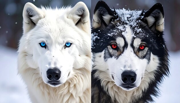 A split image of two wolves with different colored eyes in the snow