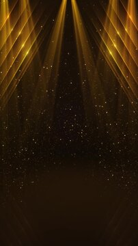 4K Gold particles abstract background with shining golden floor stars dust particles. glittering fly in space on black background. awards ceremony, nightclub entertainment, fashion show festive events