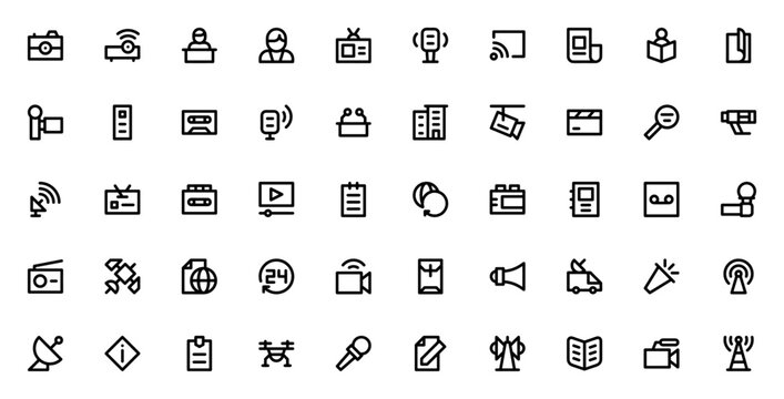 News and Journal icon set. Vector media collection. Includes camera, reporter, broadcast, newspaper, podcast, microphone, satellite, live stream and more. Editable stroke.
