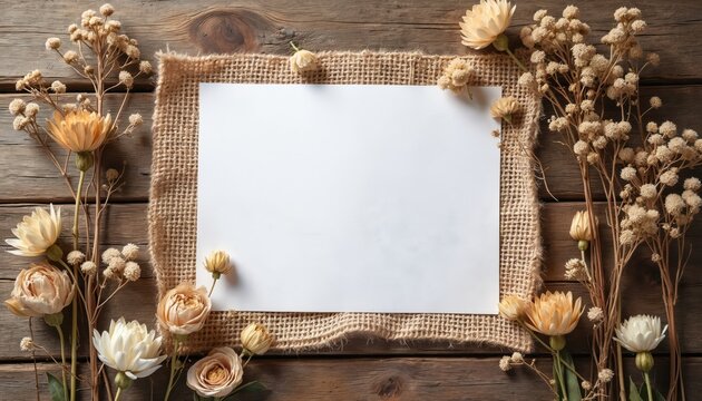 Blank white card with dried flowers and burlap on rustic wood background. Rustic wedding invitation mockup for country or farmhouse style events. Create your own design.