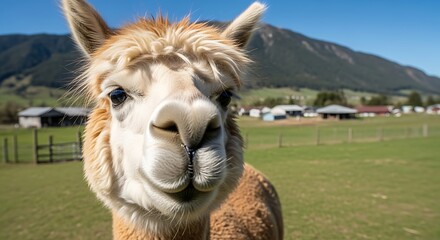 Fototapeta premium A close-up, head-on portrait of a fluffy, light brown alpaca with a curious and funny expression, standing in a green, grassy field with a mountain range in the background.