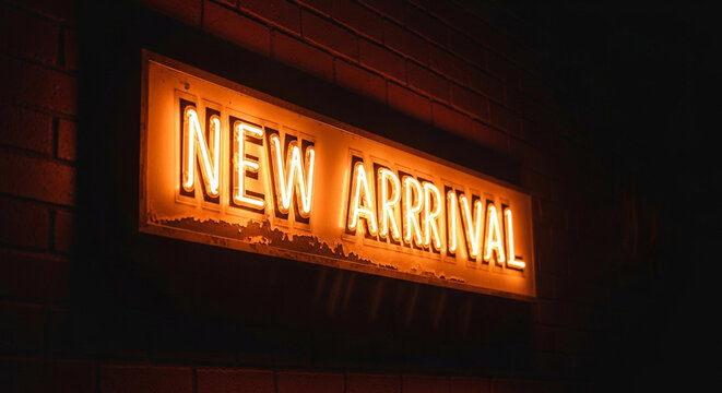 Vintage neon sign with New Arrival text, glowing orange light box on brick wall, retro boutique storefront signage for retail marketing